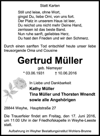 Todesanzeige von Gertrud Müller von SYK