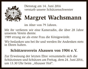 Todesanzeige von Margret Wachsmann von SYK