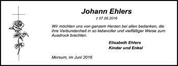 Todesanzeige von Johann Ehlers von SYK