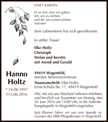 Todesanzeige von Hanno Holtz von SYK