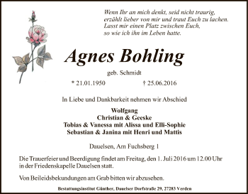 Todesanzeige von Agnes Bohling von SYK