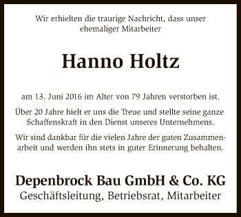 Todesanzeige von Hanno Holtz von SYK