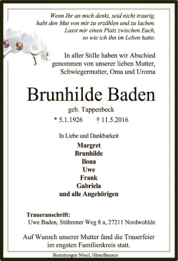 Todesanzeige von Brunhilde Baden von SYK