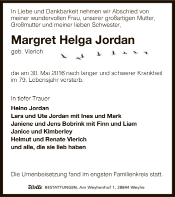 Todesanzeige von Margret Helga Jordan von SYK