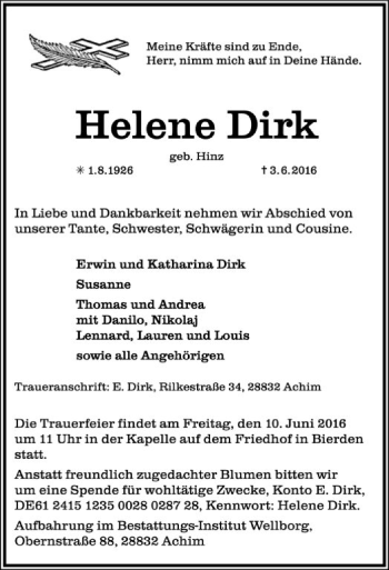 Todesanzeige von Helene Dirk von SYK
