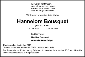 Todesanzeige von Hannelore Bousquet von SYK
