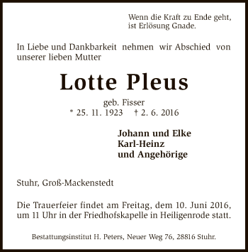 Todesanzeige von Lotte Pleus von SYK
