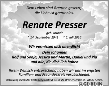 Todesanzeige von Renate Presser von SYK