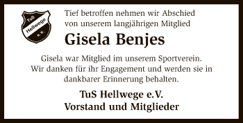 Todesanzeige von Gisela Benjes von SYK