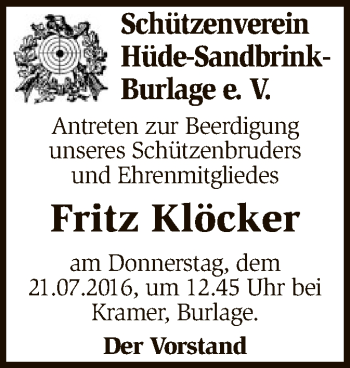 Todesanzeige von Fritz Klöcker von SYK