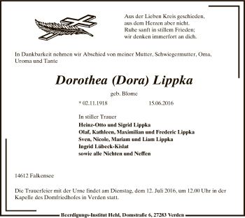 Todesanzeige von Dorothea Lippka von SYK