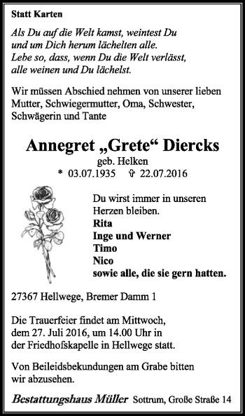 Todesanzeige von Annegret Diercks von SYK