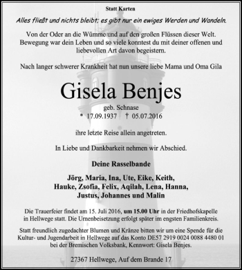 Todesanzeige von Gisela Benjes von SYK