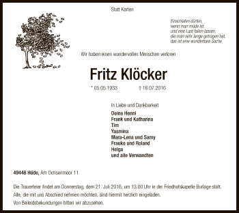 Todesanzeige von Fritz Klöcker von SYK