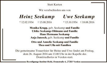 Todesanzeige von Heinz und Uwe Seekamp von SYK