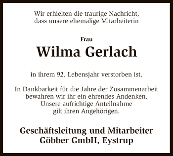 Todesanzeige von Wilma Gerlach von SYK