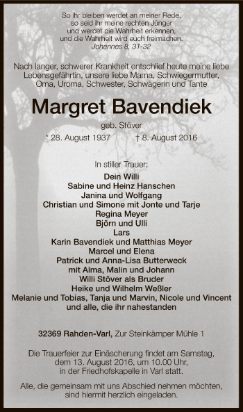 Todesanzeige von Margret Bavendiek von SYK