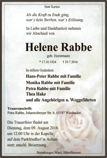 Todesanzeige von Helene Rabbe von SYK