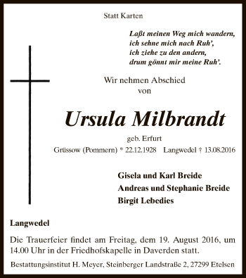 Todesanzeige von Ursula Milbrandt von SYK