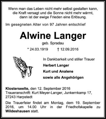 Todesanzeige von Alwine Langer von SYK