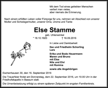 Todesanzeige von Else Stamme von SYK