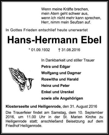 Todesanzeige von Hans-Hermann Ebel von SYK