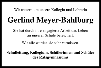 Todesanzeige von Gerlind Meyer-Bahlburg von SYK
