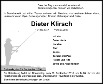 Todesanzeige von Dieter Klirsch von SYK