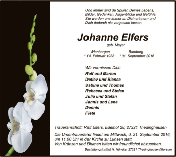 Todesanzeige von Johanne Elfers von SYK