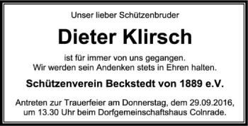Todesanzeige von Dieter Klirsch von SYK