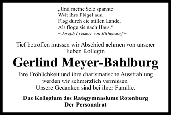 Todesanzeige von Gerlind Meyer-Bahlburg von SYK
