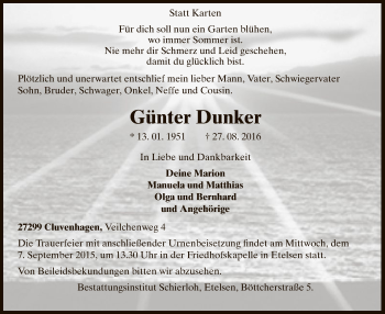 Todesanzeige von Günter Dunker von SYK