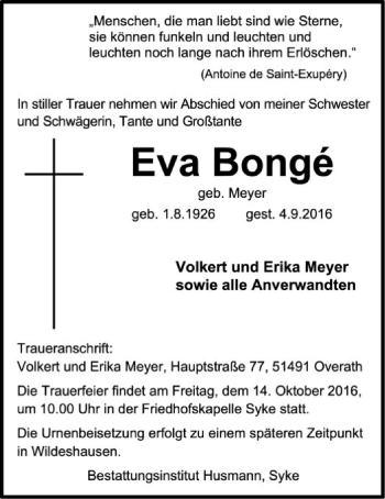 Todesanzeige von Eva Bongé von SYK