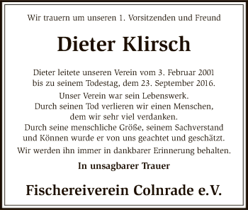 Todesanzeige von Dieter Klirsch von SYK