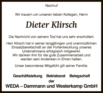 Todesanzeige von Dieter Klirsch von SYK