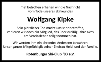 Todesanzeige von Wolfgang Kipke von SYK