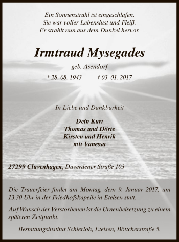Todesanzeige von Irmtraud Mysegades von SYK