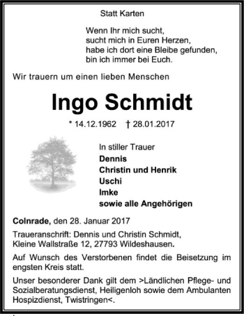 Todesanzeige von Ingo Schmidt von SYK