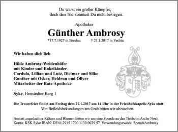 Todesanzeige von Günther Ambrosy von SYK