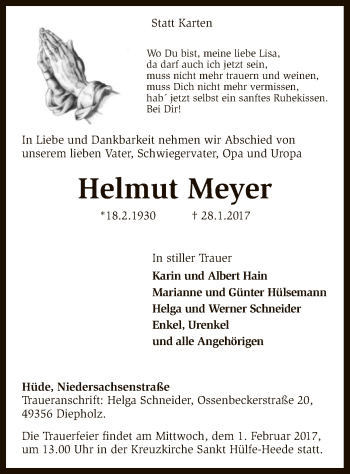 Todesanzeige von Helmut Meyer von SYK