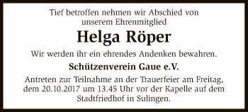 Todesanzeige von Helga Röper von SYK