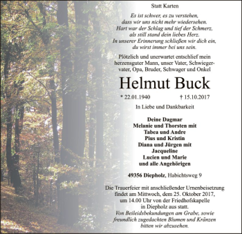 Todesanzeige von Helmut Buck von SYK