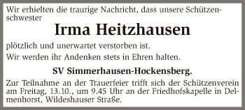 Todesanzeige von Irma Heitzhausen von SYK