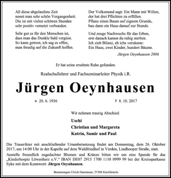 Todesanzeige von Jürgen Oeynhausen von SYK