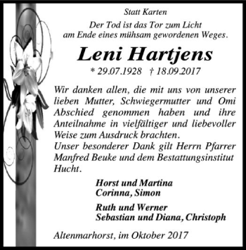 Todesanzeige von Leni Hartjens von SYK
