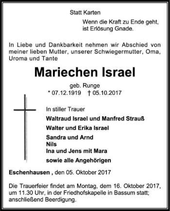 Todesanzeige von Mariechen Israel von SYK
