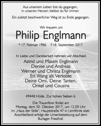 Todesanzeige von Philip Englmann von SYK