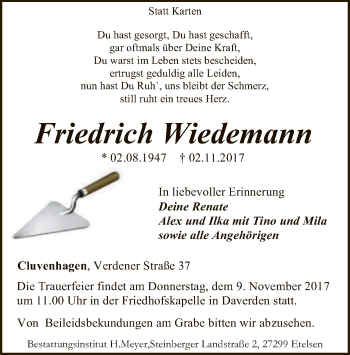 Todesanzeige von Friedrich Wiedemann von SYK