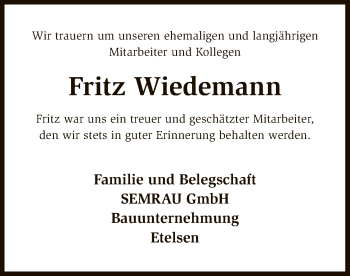 Todesanzeige von Fritz Wiedemann von SYK