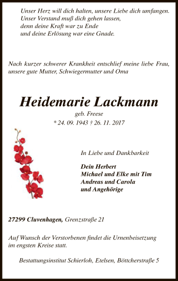 Todesanzeige von Heidemarie Lackmann von SYK